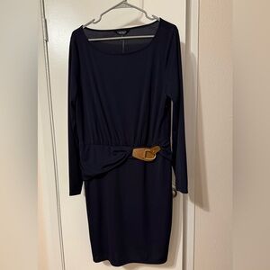 Ralph Lauren Navy Long Sleeve Dress with Tan Belt Accent